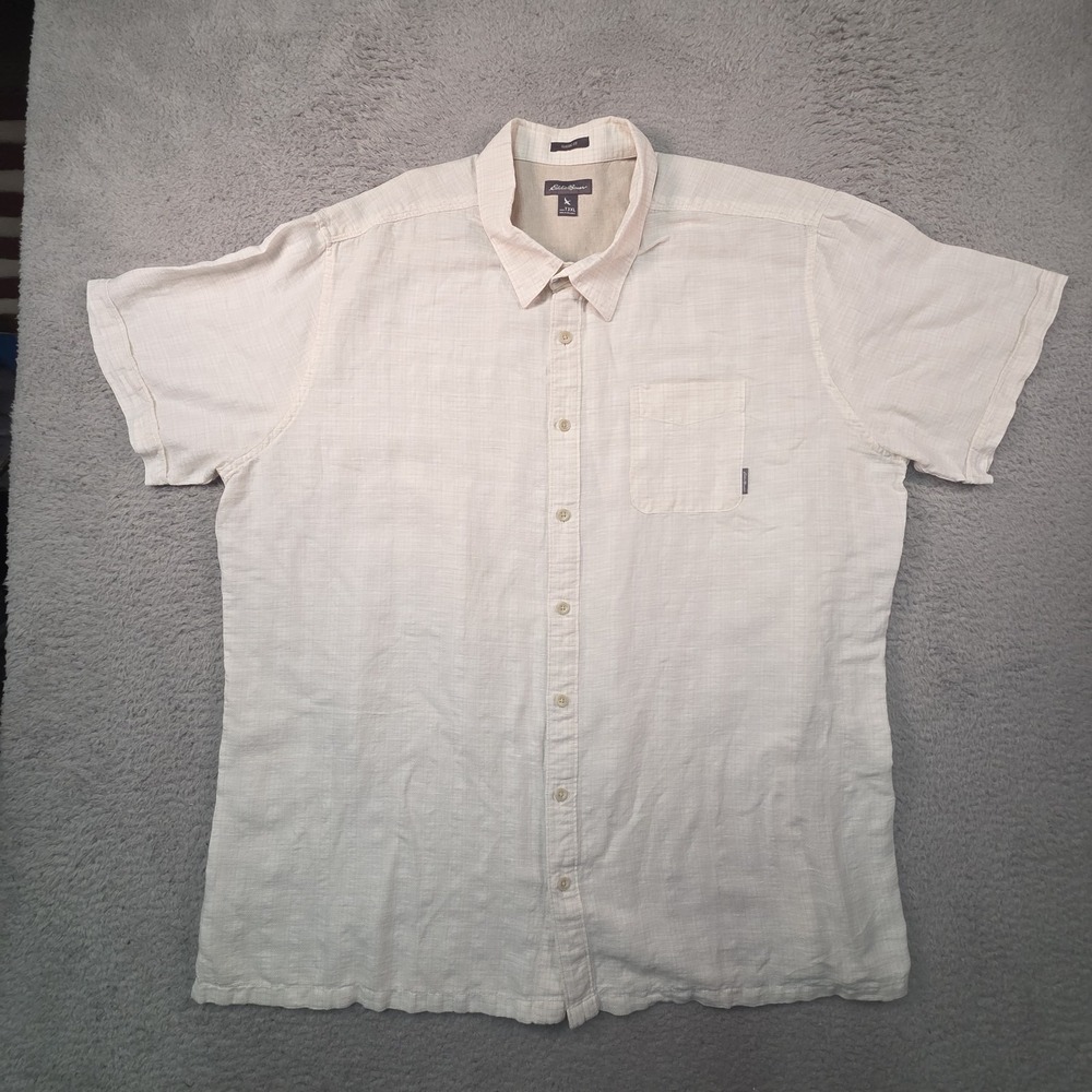 Eddie Bauer Mens 3XL Shirt Beige Linen Cotton Classic Fit Short Sleeve Casual